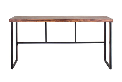 The Rosewood Console is an eco-friendly desk featuring a rectangular top with a natural wood grain finish and a black metal frame. Its straight-line leg structure offers a modern, minimalist look.