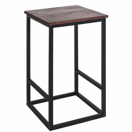The Rosewood Stool is a tall, square wooden side table with a dark brown top and black metal frame. Its minimalist, modern geometric style is handcrafted, featuring rectangular patterned legs that offer support and visual interest.