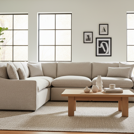 My Cloud Slope 4 Piece Left L sectional in Ivory Greige styled in a bright modern living room