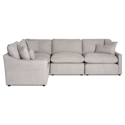 Introducing the My Cloud Slope 4 Piece Left L: a light gray, L-shaped sectional with plush cushions. This sofa offers a modern look with thick seat cushions and pillow-like backrests, perfect for spacious living rooms with contemporary décor.