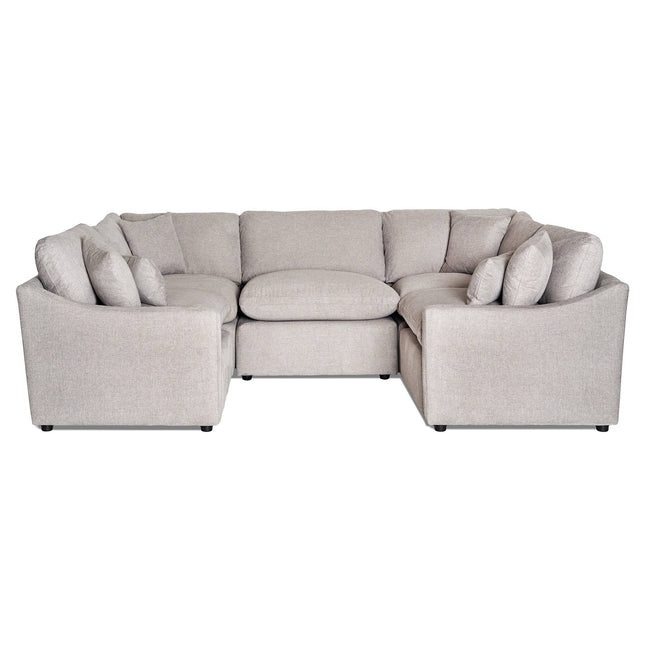 The My Cloud / Slope Arm sectional sofa, in light gray, features a U-shape with multiple plush cushions. It boasts clean lines and a contemporary design on a white background, offering style and comfort, along with machine-washable covers for easy maintenance.