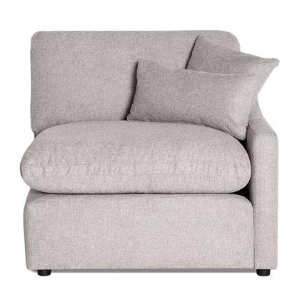 The My Cloud Slope Right Arm is a light gray modular sectional sofa component featuring a cushioned back and seat with a matching rectangular throw pillow. It has short cylindrical legs and soft, textured fabric, ideal for customizable seating arrangements.