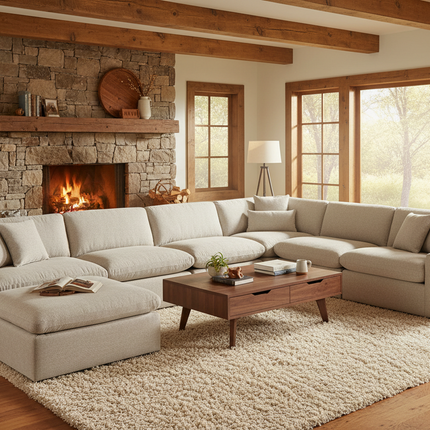 My Cloud Slope 4 Piece Straight + 2 Ottomans U-pit sectional in Ivory Greige styled in a warm rustic lodge cabin living room