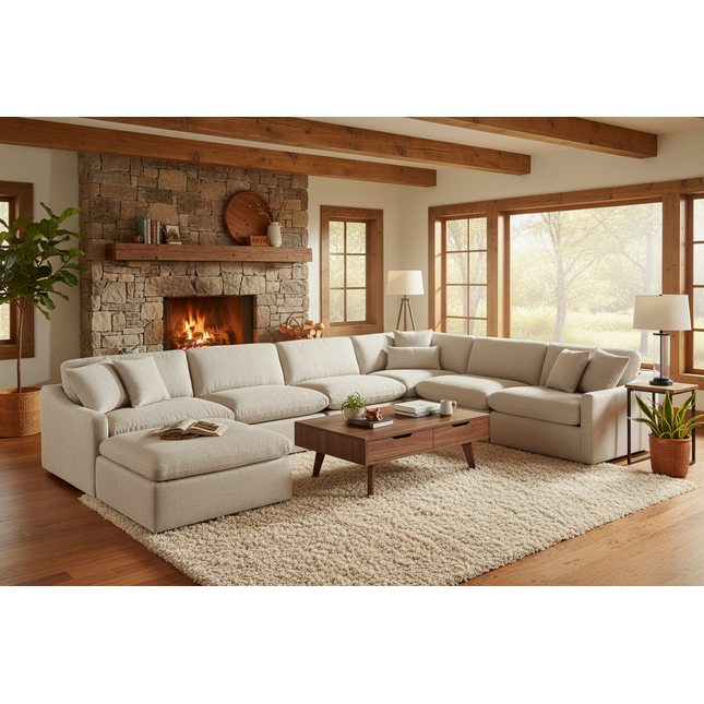 My Cloud Slope 4 Piece Straight + 2 Ottomans U-pit sectional in Ivory Greige styled in a warm rustic lodge cabin living room