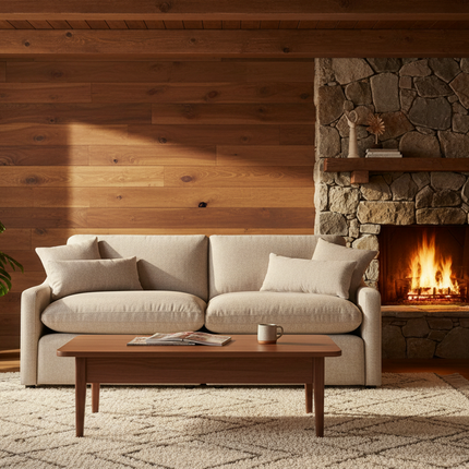 My Cloud Slope 2 Piece loveseat in Ivory Greige styled in a warm rustic lodge cabin living room