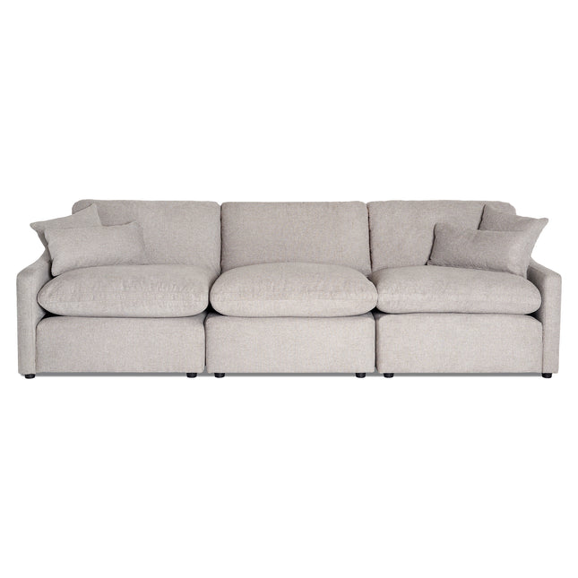 The My Cloud Slope 3 Piece Straight is a light gray three-seater sofa known as the Worlds Greatest & Most Comfortable Sofa, featuring plush cushions and soft fabric. Its modern design with straight arms and matching throw pillows adds symmetry, all elegantly placed on a plain white background.