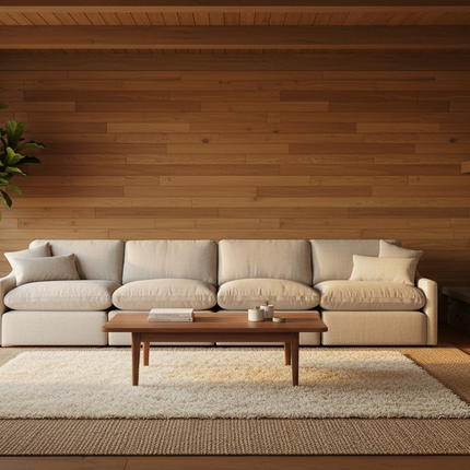 My Cloud Slope 4 Piece Straight sofa in Ivory Greige styled in a warm rustic lodge cabin living room