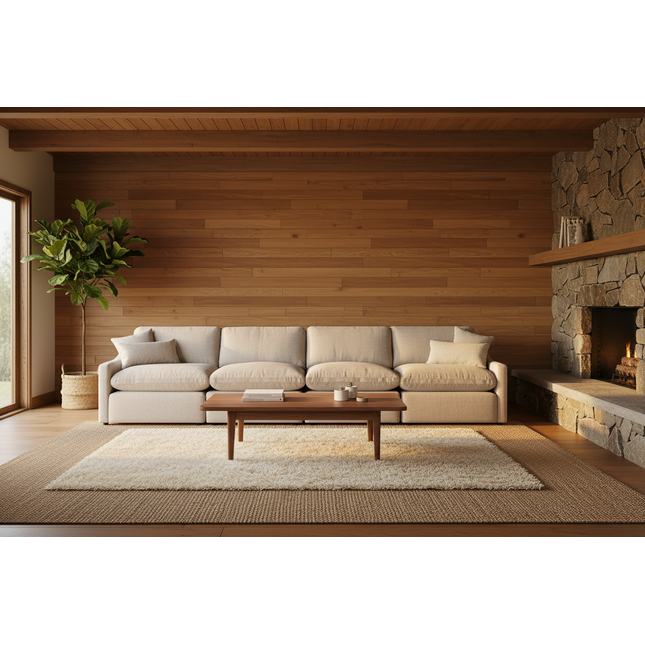 My Cloud Slope 4 Piece Straight sofa in Ivory Greige styled in a warm rustic lodge cabin living room