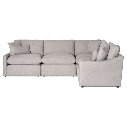 The My Cloud Slope 4 Piece Right L is a customizable light gray L-shaped sectional sofa with six back cushions, four seat cushions, and short black legs. Its minimalist design includes a plush look and a matching throw pillow on the left side—truly the Worlds Greatest & Most Comfortable Sofa.