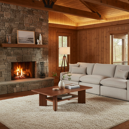 My Cloud Slope 4 Piece Right L sectional in Ivory Greige styled in a warm rustic lodge cabin living room