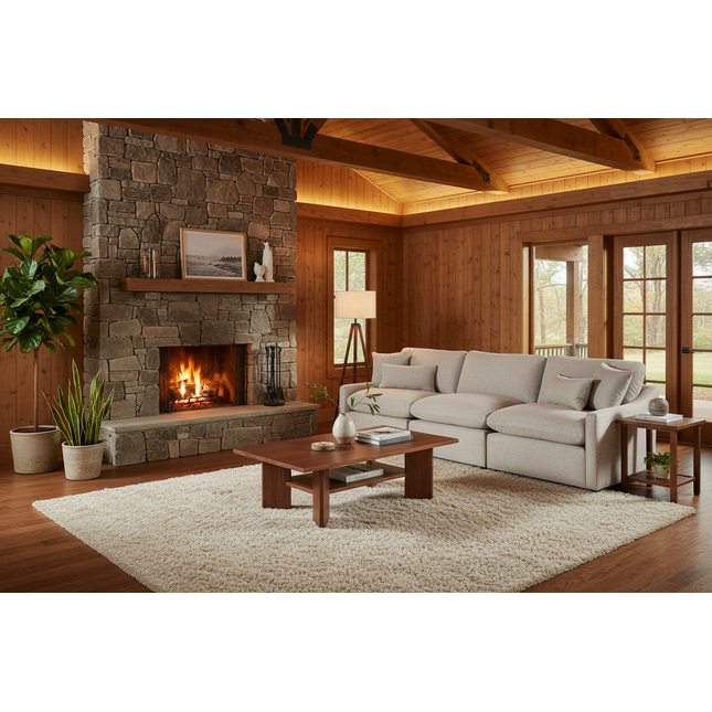 My Cloud Slope 4 Piece Right L sectional in Ivory Greige styled in a warm rustic lodge cabin living room