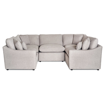 Introducing the My Cloud Slope 5 Piece Pit: a large beige U-shaped sectional designed with a modern low backrest and multiple cushions. Its clean, neutral look fits perfectly in any contemporary living room setting, ensuring supreme comfort.