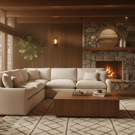 My Cloud Slope 5 Piece Pit sectional in Ivory Greige styled in a warm rustic lodge cabin living room