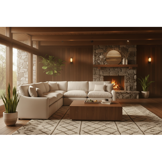 My Cloud Slope 5 Piece Pit sectional in Ivory Greige styled in a warm rustic lodge cabin living room