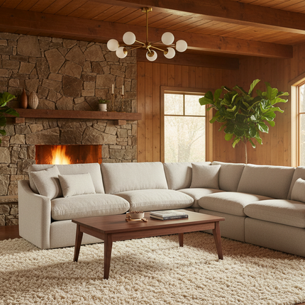 My Cloud Slope 5 Piece L sectional in Ivory Greige styled in a warm rustic lodge cabin living room