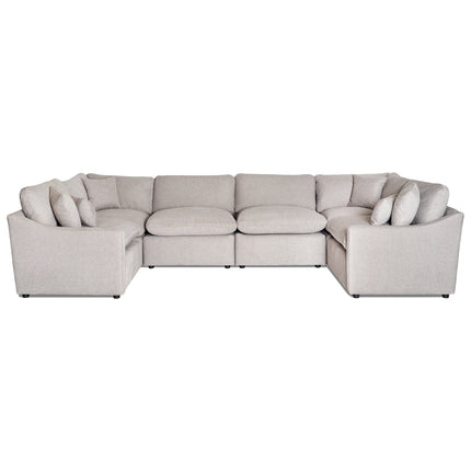 The My Cloud Slope 8 Piece Pit is a large, L-shaped beige sectional sofa offering ample seating with its modular design. It features a clean, minimalist look and neutral color, perfect for comfort and adaptability in modern living rooms across various styles.