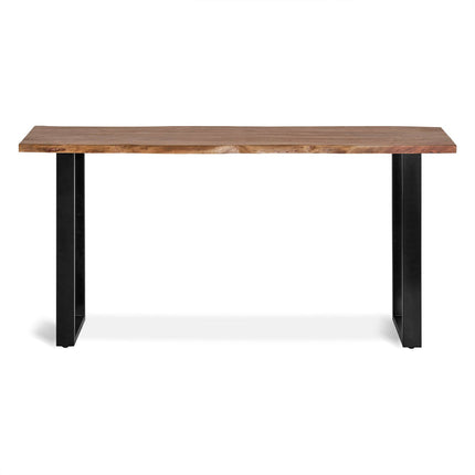 The Live Edge Console is an eco-friendly piece featuring a natural wood surface with black metal legs, set against a plain white background.