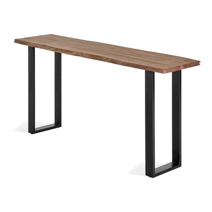 The Live Edge Console is a stylish wooden table with a natural finish, featuring an acacia wood slab top and two rectangular black metal legs for a modern, minimalist, and eco-friendly design.