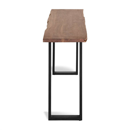Side view of the Live Edge Console, featuring a live edge acacia wood top on a black metal frame with two legs joined by a horizontal bar. Its natural edges and unique style offer an eco-friendly, organic rustic look.