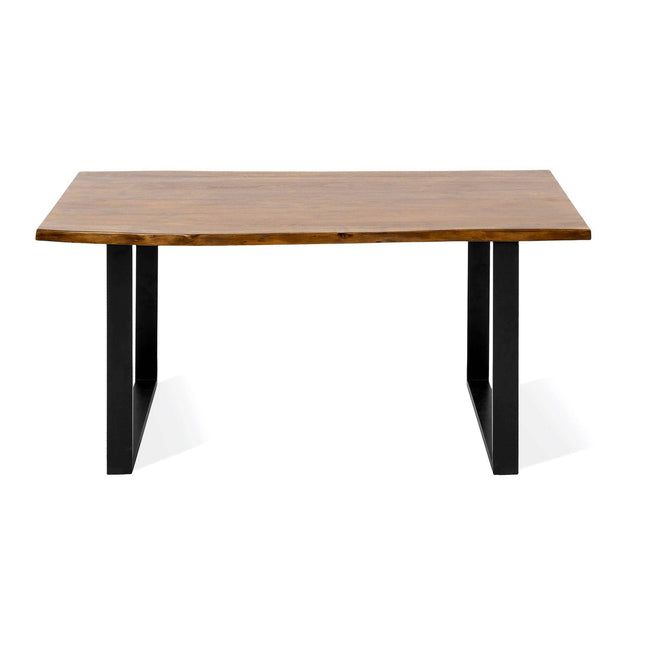 The Live Edge Dining Table features a unique rectangular acacia top with a smooth, natural finish, supported by two sturdy black metal inverted U legs, offering a modern and minimalist design that enhances any room.