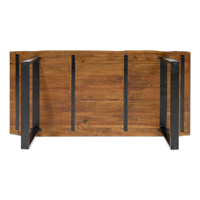 The Live Edge Desk, with its natural wood grain surface and black metal legs, features a rectangular tabletop securely bolted for stability. Its perfect for a home office workspace.