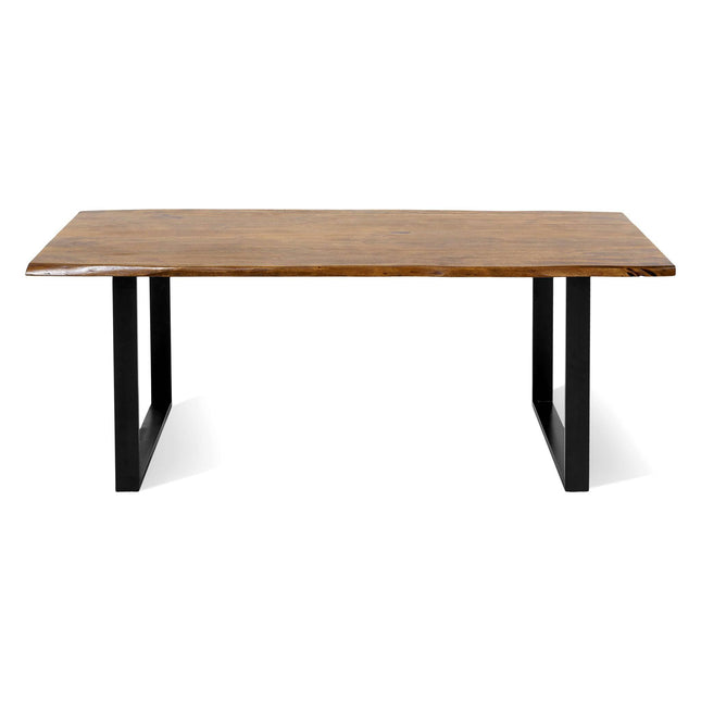 The Live Edge Dining Table boasts a rectangular wooden surface with a live edge acacia finish and sturdy black U-shaped metal legs. Made from unique wood slabs, it offers a minimalist, modern aesthetic ideal for an inviting atmosphere.