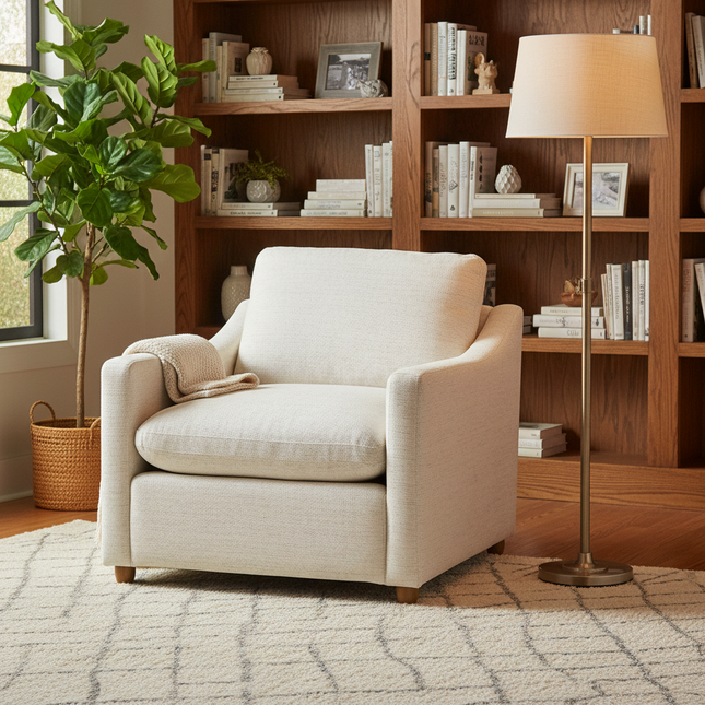 My Cloud Slope Chair in Ivory Greige staged in a cozy reading nook with bookshelf and floor lamp