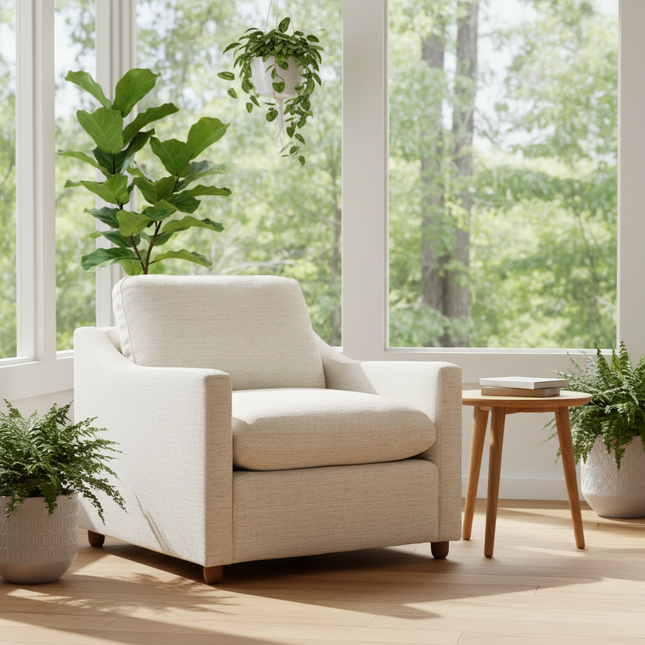 My Cloud Slope Chair in Dover Linen staged in a sunlit sunroom reading corner
