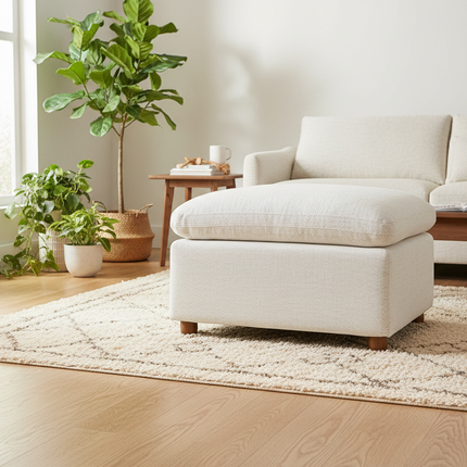 My Cloud Slope 30 inch Ottoman in Dover Linen styled in a warm minimalist living room
