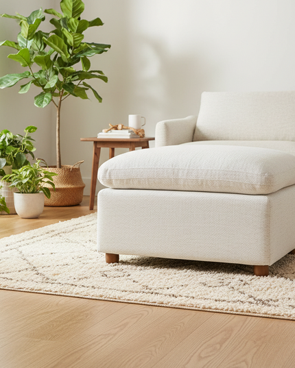 My Cloud Slope 30 inch Ottoman in Dover Linen styled in a warm minimalist living room