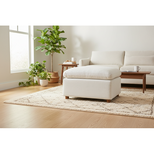 My Cloud Slope 30 inch Ottoman in Dover Linen styled in a warm minimalist living room