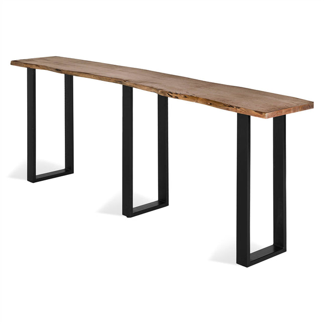 The Live Edge Console, crafted from acacia wood with a natural, uneven surface, is supported by three black metal U-shaped legs. This eco-friendly piece embodies a modern minimalist design that stands out against a white background.