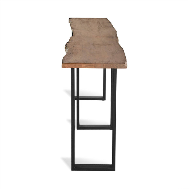 Side view of the Live Edge Console, a narrow wooden table featuring a live edge acacia wood top with natural, irregular edges. The light brown surface rests on a black metal base with a geometric rectangular frame, adding unique style.