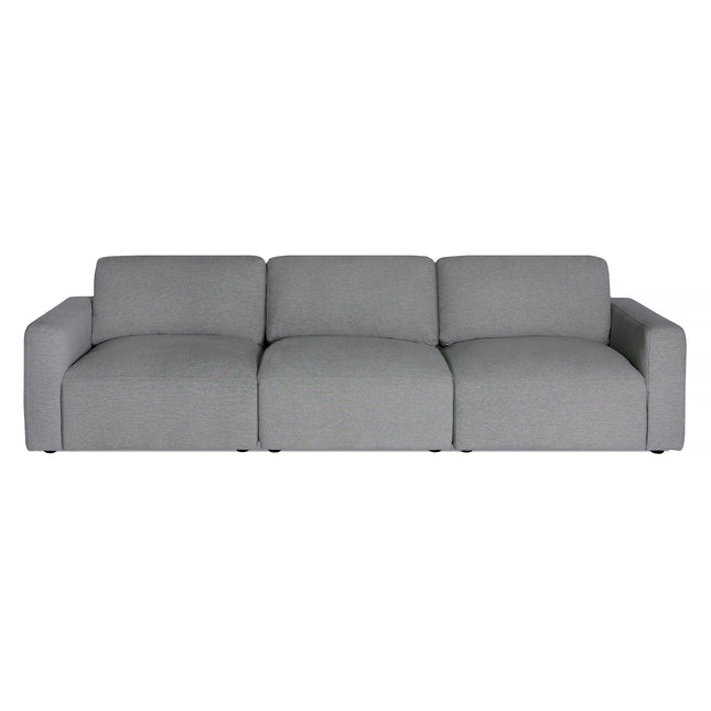 Discover the Lugano Sectional, a modern gray three-seater sofa featuring a minimalist design. Its wide armrests and low backrest exude Italian luxury, while plush cushions enhance comfort, perfect for contemporary living spaces.