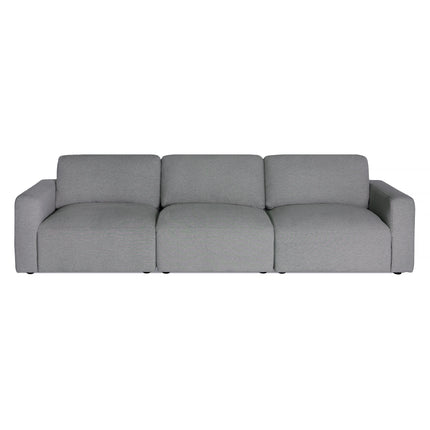 The Lugano 3 Piece Straight is a modern, minimalist three-seater grey sofa with smooth fabric upholstery, low backrest, and wide armrests that exemplifies Italian luxury through its sleek design.