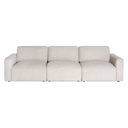 The Lugano 3 Piece Straight is a modern, minimalist beige sofa featuring three cushioned seats and low armrests. Its crafted from premium materials and set against a plain white background.