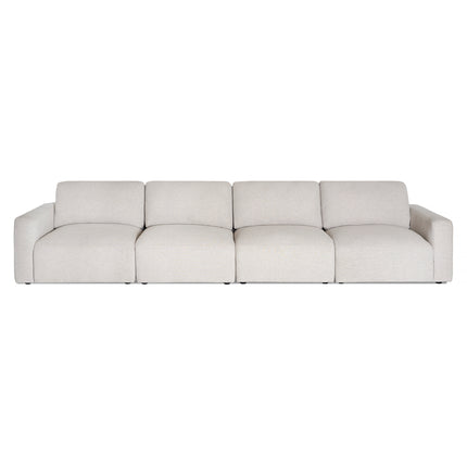 Introducing the Lugano 4 Piece Straight: a sleek, modern beige sofa with four plush cushions and a low backrest. Its minimalist design exudes Italian luxury, making it perfect for contemporary living spaces.
