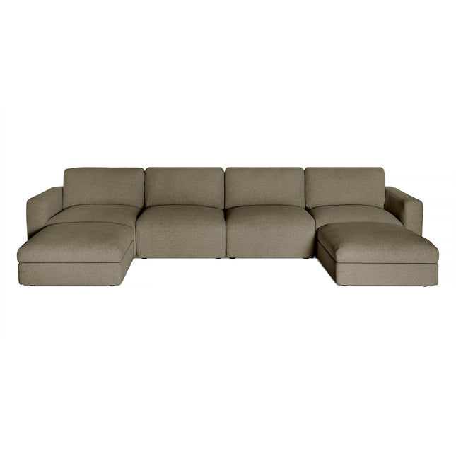 Indulge in Italian luxury with the Lugano Sectional. This modern marvel features taupe fabric upholstery, plush cushions, and three sections, including chaise lounges on each end for ample seating. Its minimalist design highlights clean lines and a low-profile silhouette.