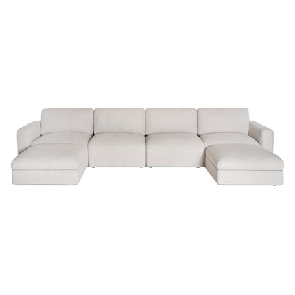 Explore the Lugano 4 Piece Straight + 2 Ottoman, a modern beige sectional sofa with premium materials and minimalistic design. Complete with square cushions, sleek lines, chaise lounges for ample seating, and barely visible legs enhancing its Italian luxury appeal.