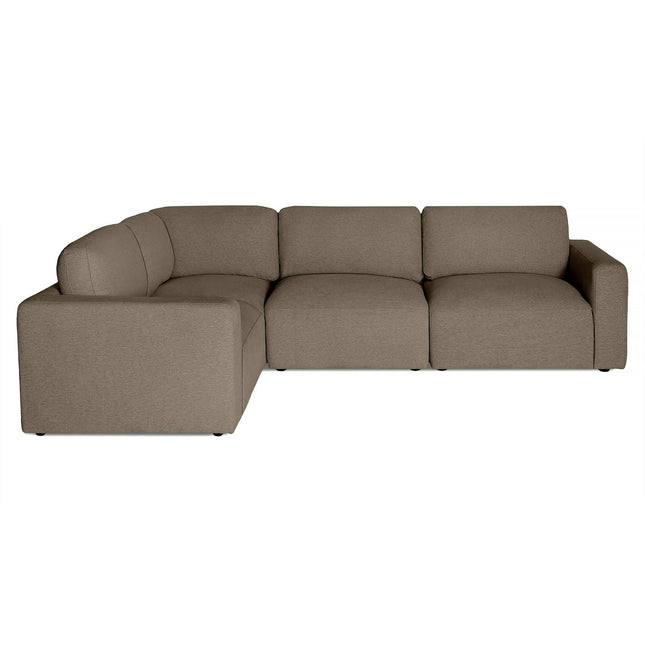 The Lugano is a modular, L-shaped sectional sofa with a modern, minimalistic design. It features plush taupe fabric upholstery and deep cushions across three seat sections, offering Italian luxury with clean lines and ample seating space.