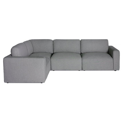 The Lugano 4 Piece Left L is a modular gray sectional sofa with an L-shape design, featuring plush cushions and crafted with premium materials. It showcases Italian luxury through its modern, minimalist style, clean lines, and low-profile armrests on a plain white background.