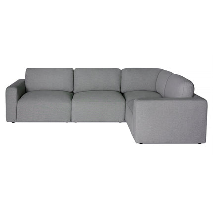 Introducing the Lugano 4 Piece Right L, a luxurious Italian sectional in gray. This modern sofa features an elegant L-shape with plush cushions: three on the long side and two on the short. Its minimalistic design includes blocky armrests and a smooth fabric finish for ultimate comfort.