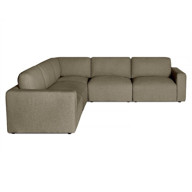 The Lugano Sectional, an Italian luxury piece in olive green, features plush cushions and wide armrests. With its modern L-shaped design, low profile, and minimalist style, it blends comfort and elegance against a white backdrop.