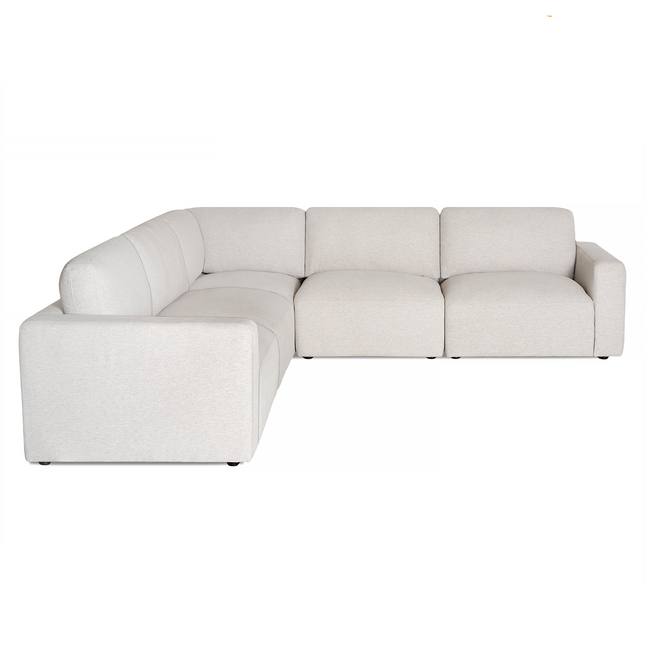 The Lugano 5 Piece L sectional is a modern, light gray Italian luxury sofa. It features plush cushions, clean lines, and a minimalist design, perfect for enhancing any contemporary living space.