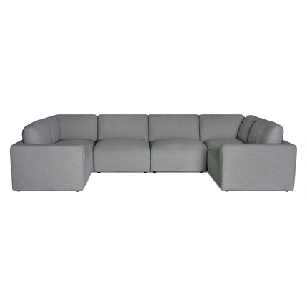 The Lugano 6 Piece Pit epitomizes Italian luxury with a minimalist, modern L-shaped design. It includes five square cushions and wide armrests on a flat base against a white backdrop, capturing the essence of La Dolce Vita in any setting.