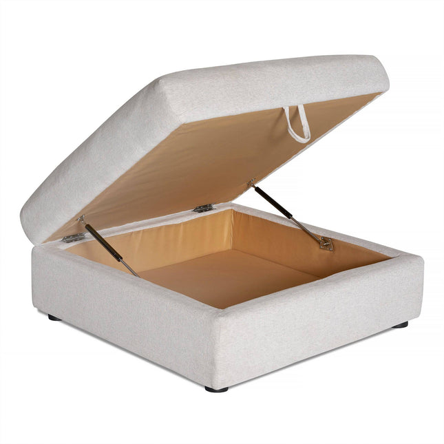 Explore the Lugano Storage Ottoman, a square, light gray piece crafted from premium materials. Its hinged lid opens to reveal a spacious tan-lined compartment inside, supported by two robust metal hinges—a true mark of Italian luxury.