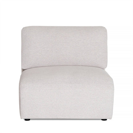 The Lugano Armless is a modern, minimalist sectional piece with light gray fabric upholstery. It features a cushioned backrest and seat made from premium materials, sleek design, and nearly invisible feet for endless configuration options in any space.