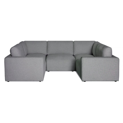 Experience Italian luxury with the Lugano 5 Piece Pit, a gray L-shaped sofa featuring plush, cushioned seats and backs. Its minimalist design and smooth fabric upholstery evoke La Dolce Vita, making it an elegant centerpiece for any modern living room.