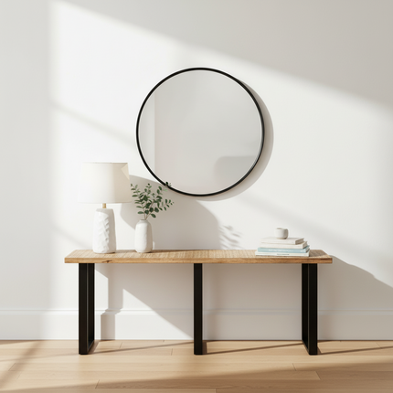Mango Console styled in a bright entryway with a round mirror, table lamp and greenery