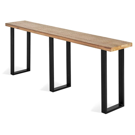 The Mango Console features a minimalist, rectangular mango wood seat with a natural finish. Supported by three black metal U-shaped legs, it offers an eco-friendly and modern design perfect for dining rooms.
